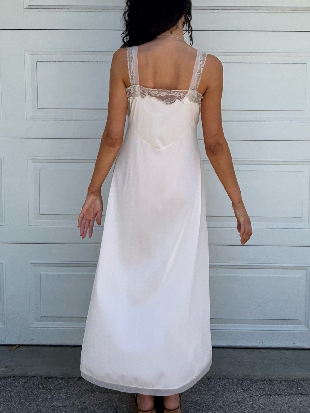 Vintage 60s Nightgown Maxi Slip Dress Lace-Trim Long Chemise Slip in Cream Ecru - Picture 7 of 14